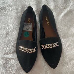 Soda Black Pointed Toe Loafers with Gold Chain Trim
